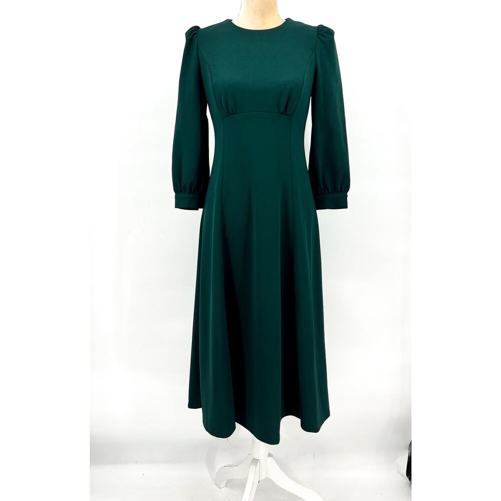 CALVIN KLEIN Scuba Crepe Midi Dress Size 4 Malachite Green 3/4 Puff Sleeve NWT - Picture 4 of 12